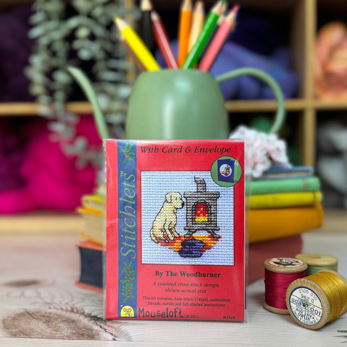 ML Dog by the Woodburner Christmas Mini Cross Stitch Kit (with card)