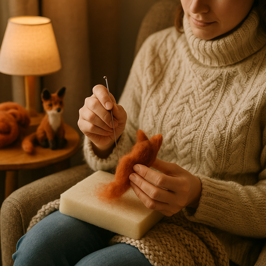 A woman needle felting a fox