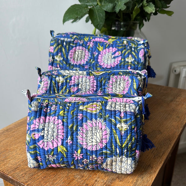 Quilted Zipped Bag (blue with pink flowers)
