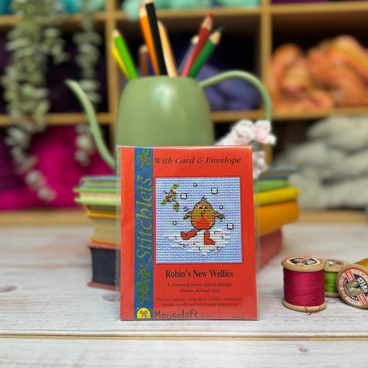 ML Robin's New Wellies Christmas Mini Cross Stitch Kit (with card)