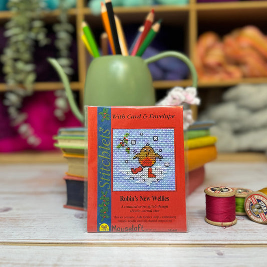 ML Robin's New Wellies Christmas Mini Cross Stitch Kit (with card)