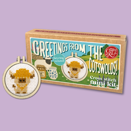 Greetings from The Cotswolds (cow) Mini Matchbox Cross Stitch Kit