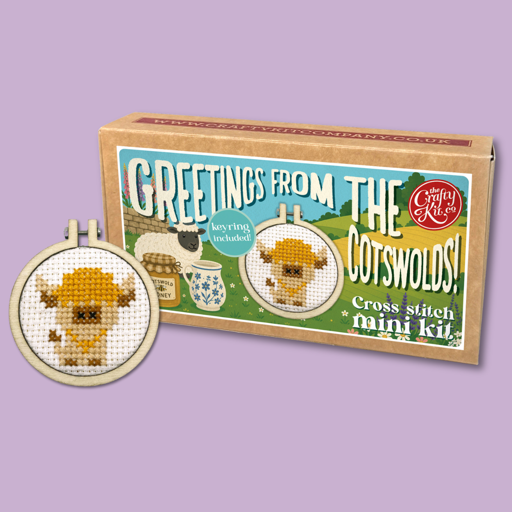Greetings from The Cotswolds (cow) Mini Matchbox Cross Stitch Kit