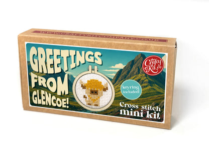 Greetings from Glencoe! (cow) Mini Matchbox Cross Stitch Kit