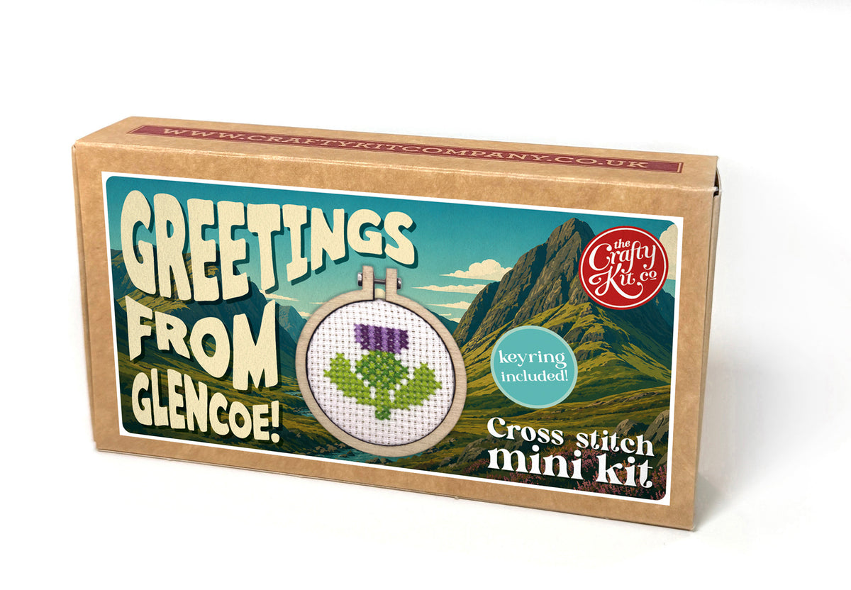 Greetings from Glencoe! (thistle) Mini Matchbox Cross Stitch Kit