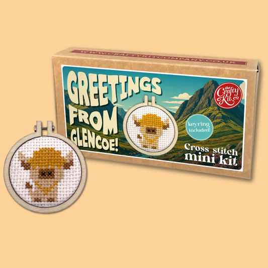Greetings from Glencoe! (cow) Mini Matchbox Cross Stitch Kit