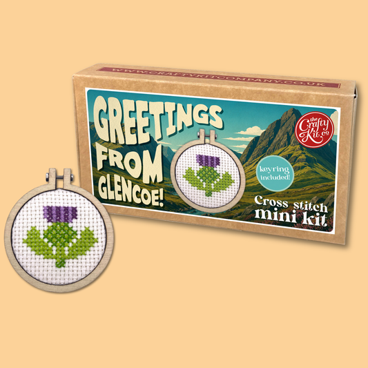 Greetings from Glencoe! (thistle) Mini Matchbox Cross Stitch Kit