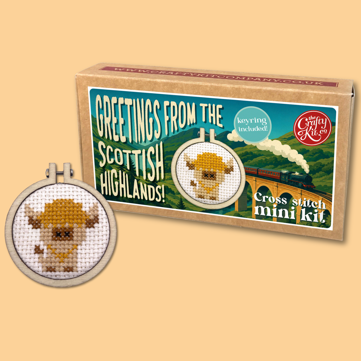 Greetings from The Scottish Highlands! (cow) Mini Matchbox Cross Stitch Kit