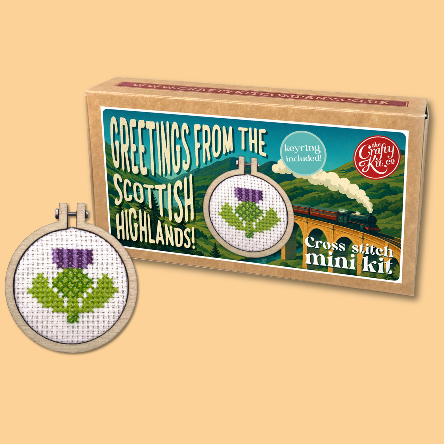Greetings from The Scottish Highlands! (thistle) Mini Matchbox Cross Stitch Kit