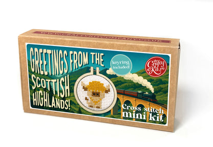 Greetings from The Scottish Highlands! (cow) Mini Matchbox Cross Stitch Kit