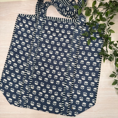 Large Zipped Reversible Quilted Tote Bag (Blue)