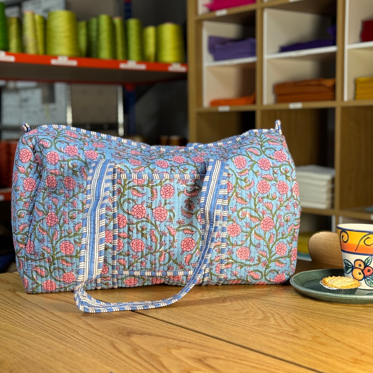 Large Quilted Overnight Duffle Bag (light blue with pink flowers)