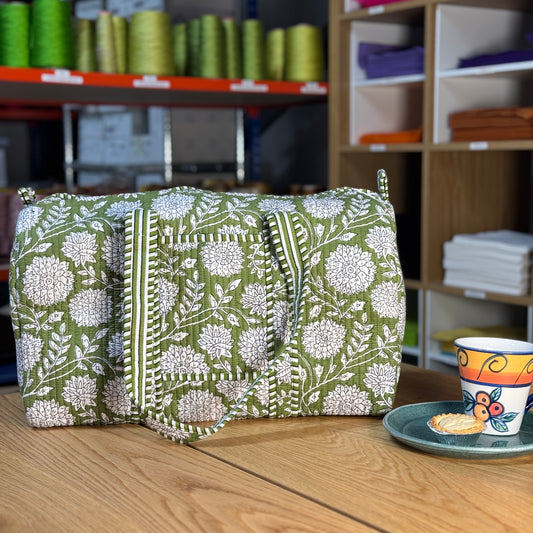 Large Quilted Overnight Duffle Bag (green with white flowers)