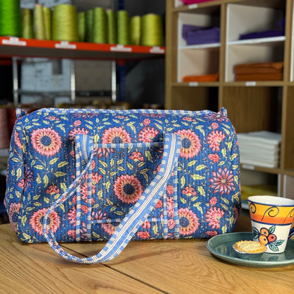 Large Quilted Overnight Duffle Bag (dark blue with pink flowers)