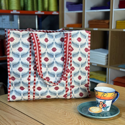 Large Reversible Quilted Tote Bag (white and blue with red flowers)