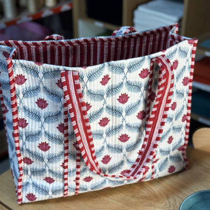 Large Reversible Quilted Tote Bag (white and blue with red flowers)