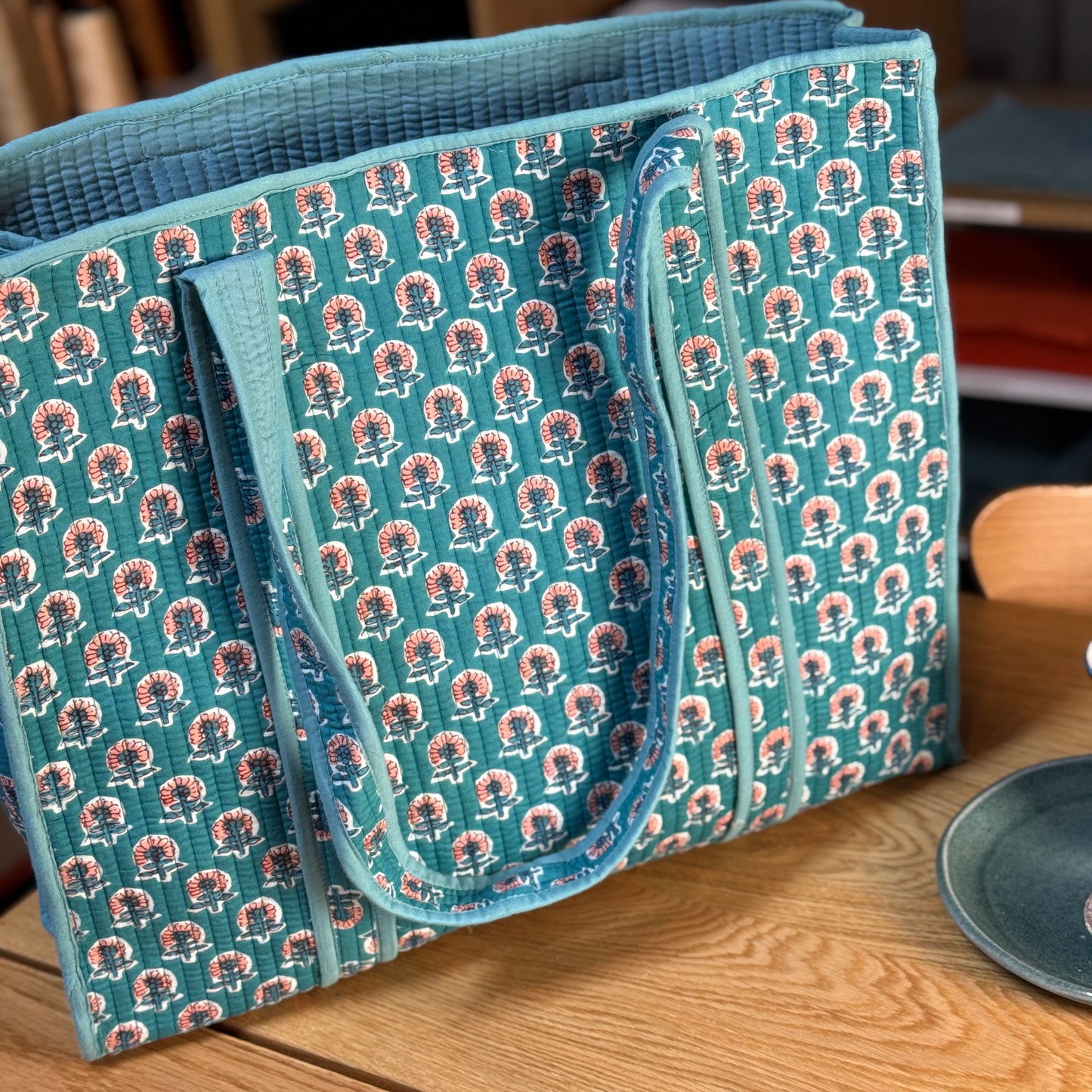 Large Reversible Quilted Tote Bag (teal with pink flowers)