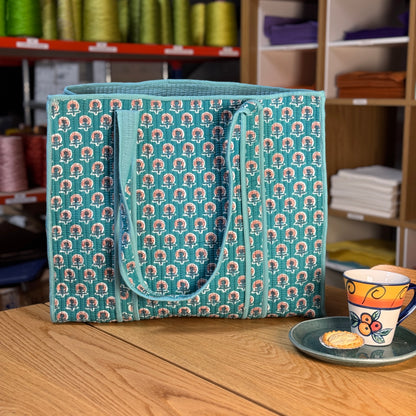 Large Reversible Quilted Tote Bag (teal with pink flowers)