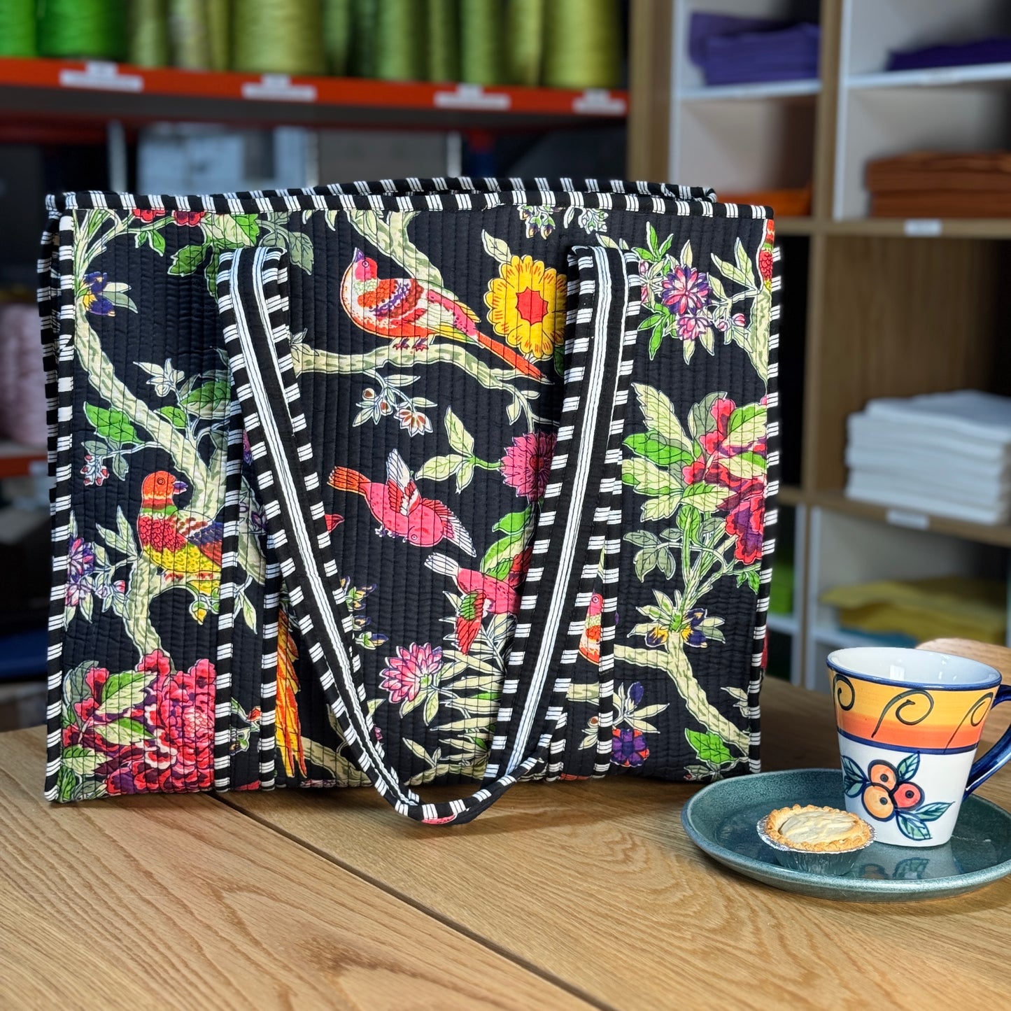 Large Reversible Quilted Tote Bag (black with colourful birds)