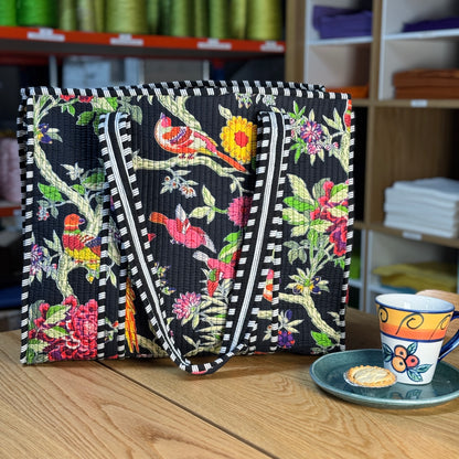 Large Reversible Quilted Tote Bag (black with colourful birds)