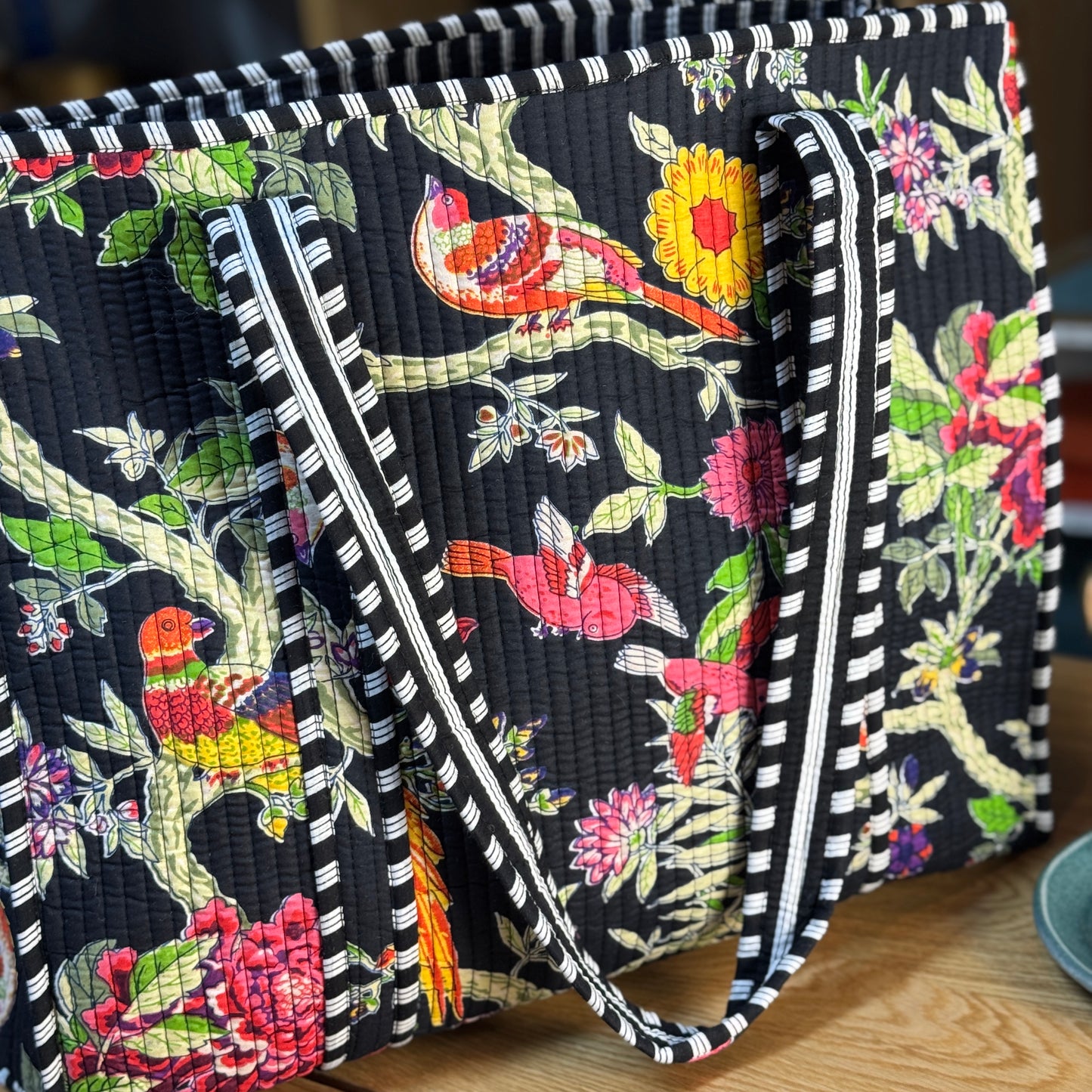 Large Reversible Quilted Tote Bag (black with colourful birds)
