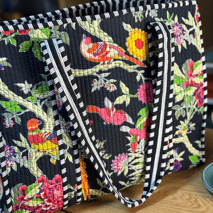 Large Reversible Quilted Tote Bag (black with colourful birds)