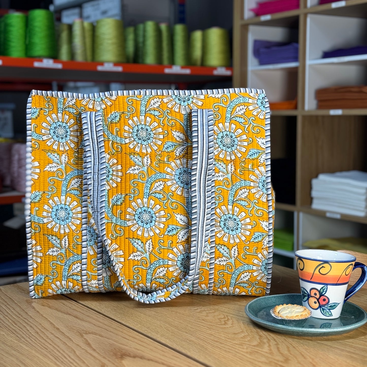 Large Reversible Quilted Tote Bag (yellow with blue flowers)