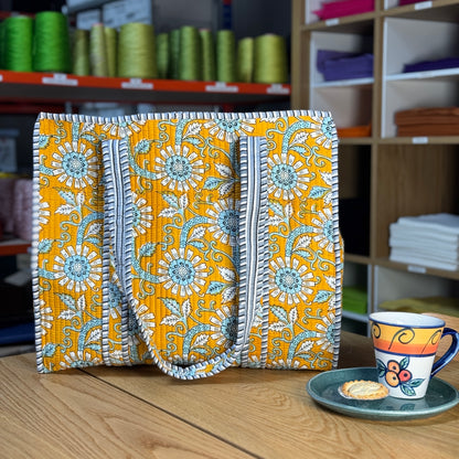 Large Reversible Quilted Tote Bag (yellow with blue flowers)