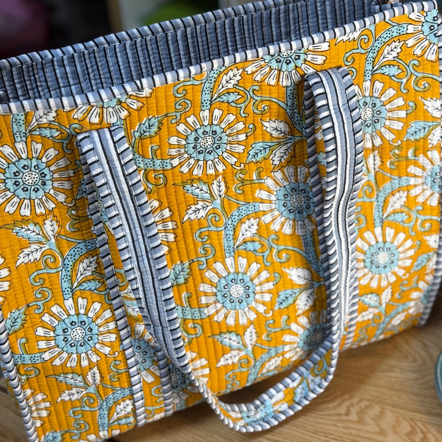 Large Reversible Quilted Tote Bag (yellow with blue flowers)