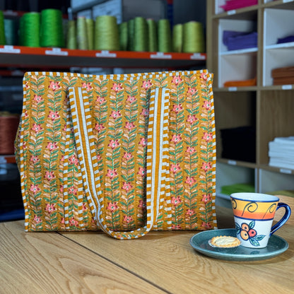 Large Reversible Quilted Tote Bag (dark yellow with pink flowers)