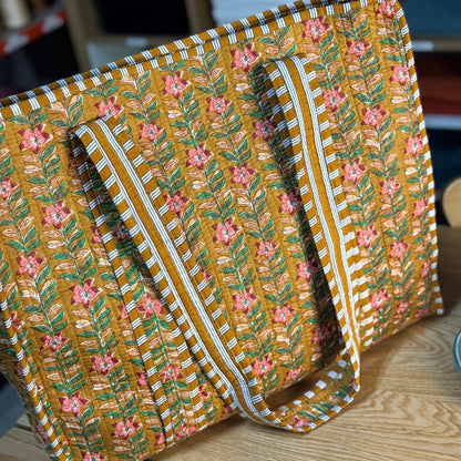Large Reversible Quilted Tote Bag (dark yellow with pink flowers)