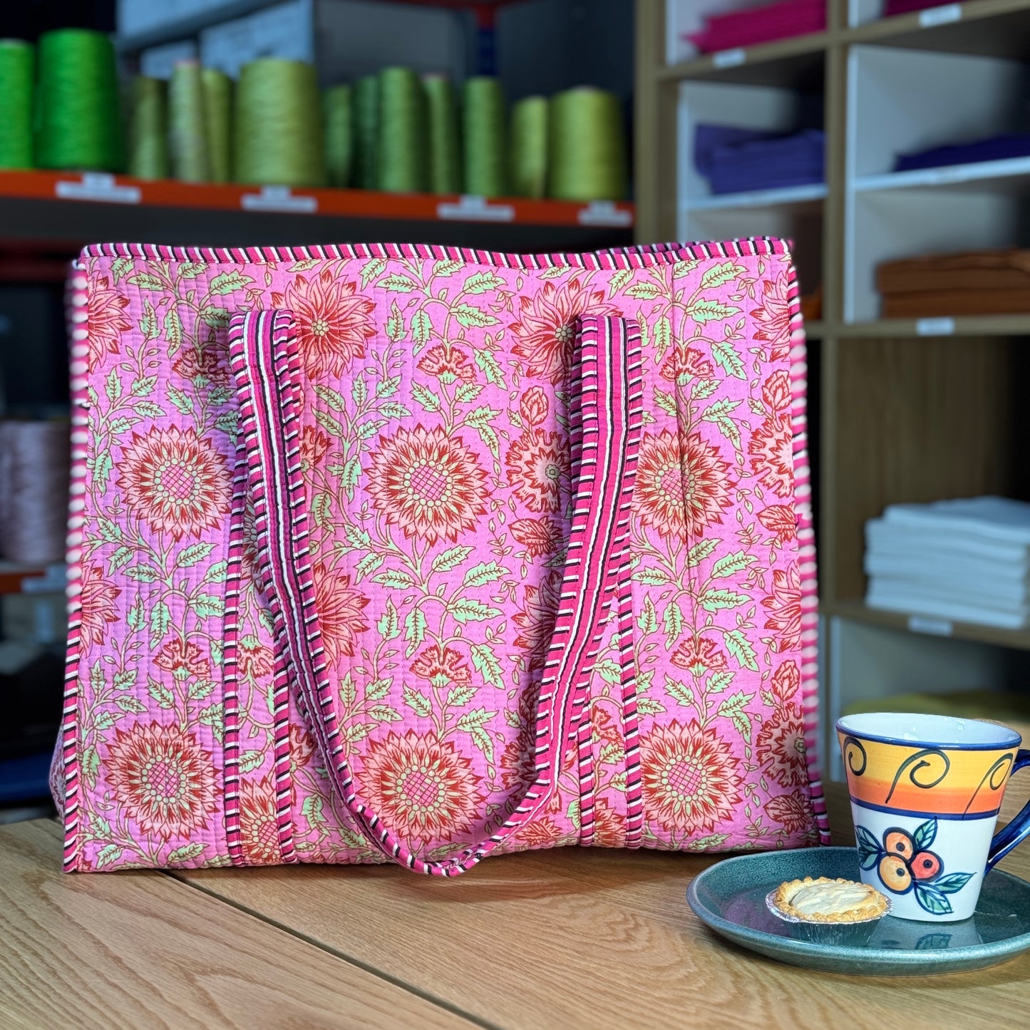 Large Reversible Quilted Tote Bag (pink with pink flowers)
