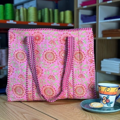 Large Reversible Quilted Tote Bag (pink with pink flowers)