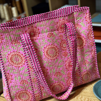 Large Reversible Quilted Tote Bag (pink with pink flowers)