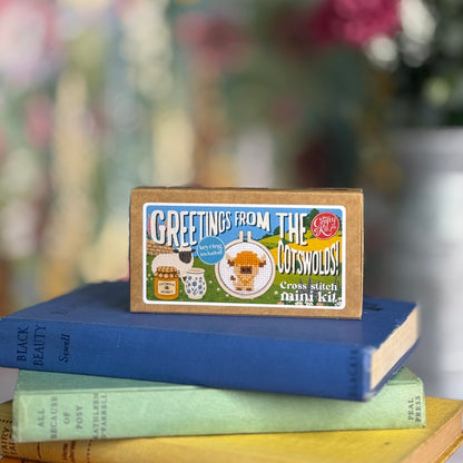 Greetings from The Cotswolds (cow) Mini Matchbox Cross Stitch Kit