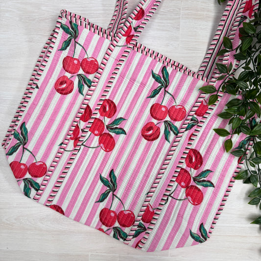 Small Zipped Reversible Quilted Tote Bag (Cherries)