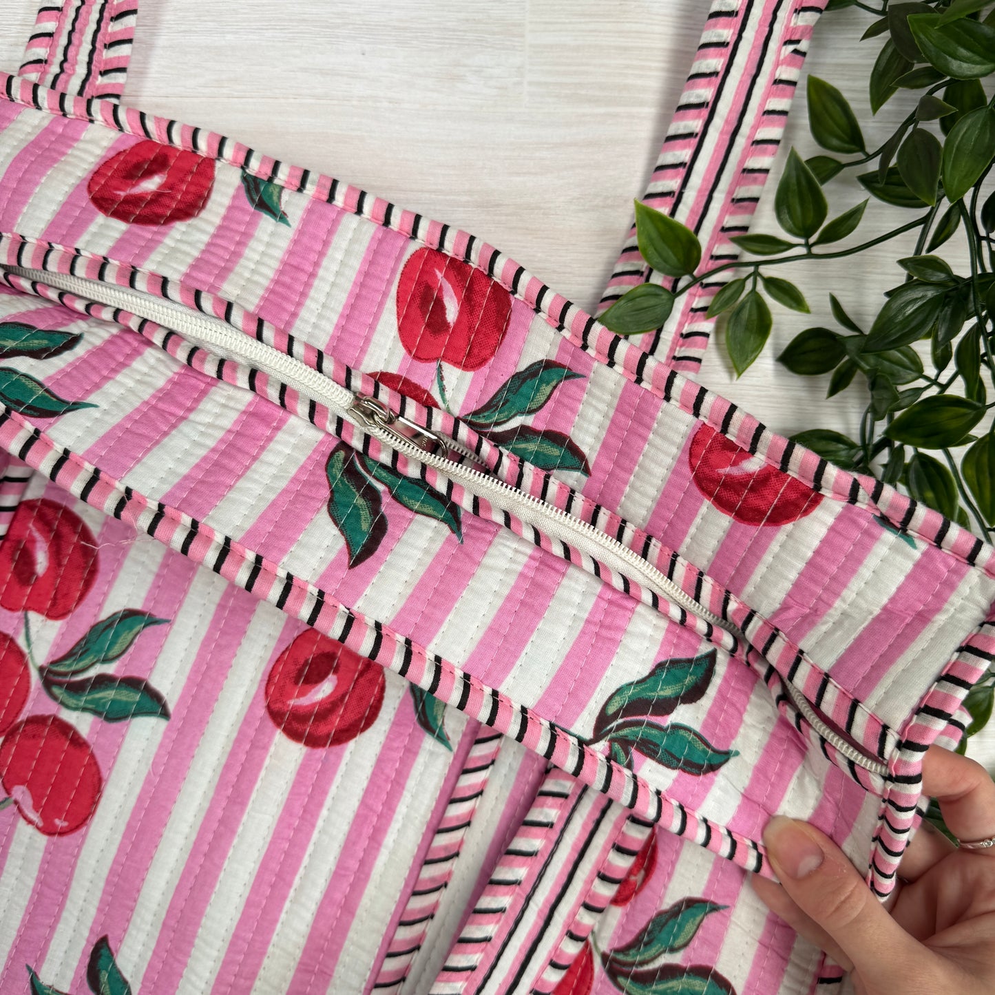 Small Zipped Reversible Quilted Tote Bag (Cherries)