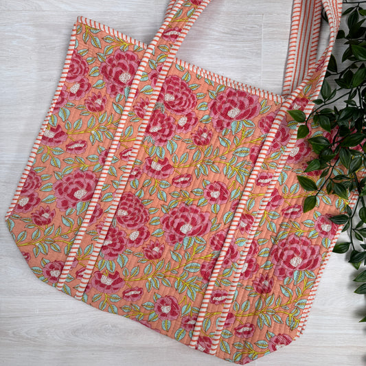 Small Zipped Reversible Quilted Tote Bag (Pink Floral)