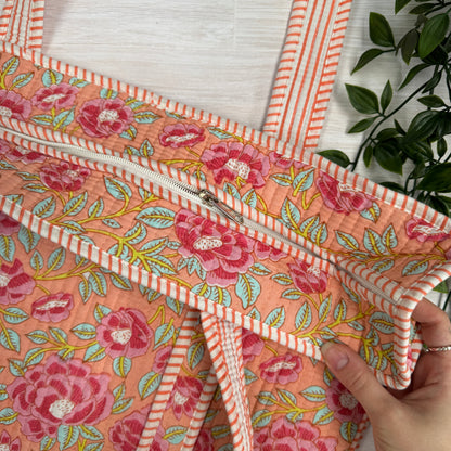 Small Zipped Reversible Quilted Tote Bag (Pink Floral)
