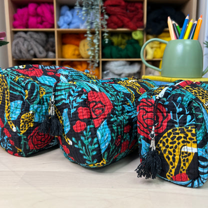 Large Quilted Zipped Bag (Black with Leopards)