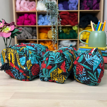 Large Quilted Zipped Bag (Black with Leopards)