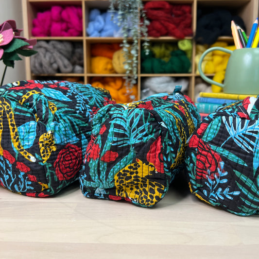 Large Quilted Zipped Bag (Black with Leopards)