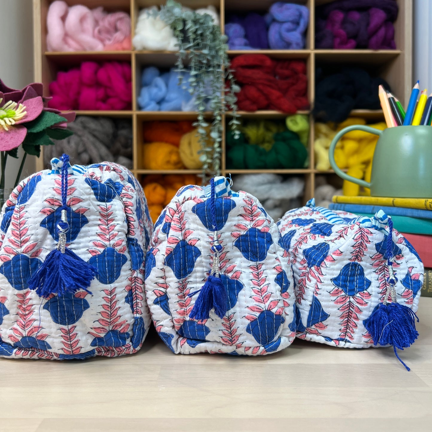 Large Quilted Zipped Bag (White with Pink & Blue Patterns)