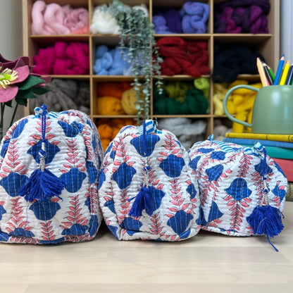 Large Quilted Zipped Bag (White with Pink & Blue Patterns)