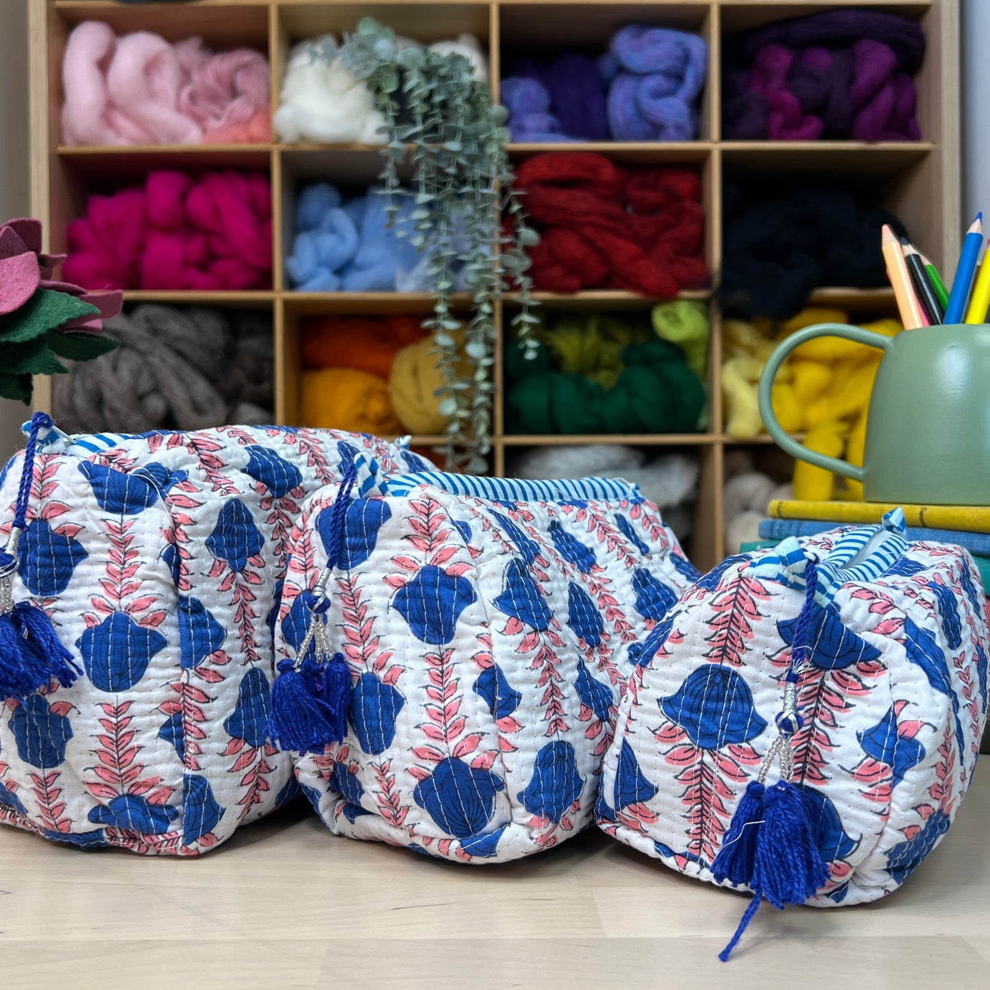 Large Quilted Zipped Bag (White with Pink & Blue Patterns)