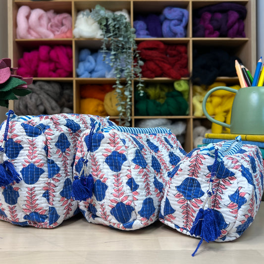 Large Quilted Zipped Bag (White with Pink & Blue Patterns)