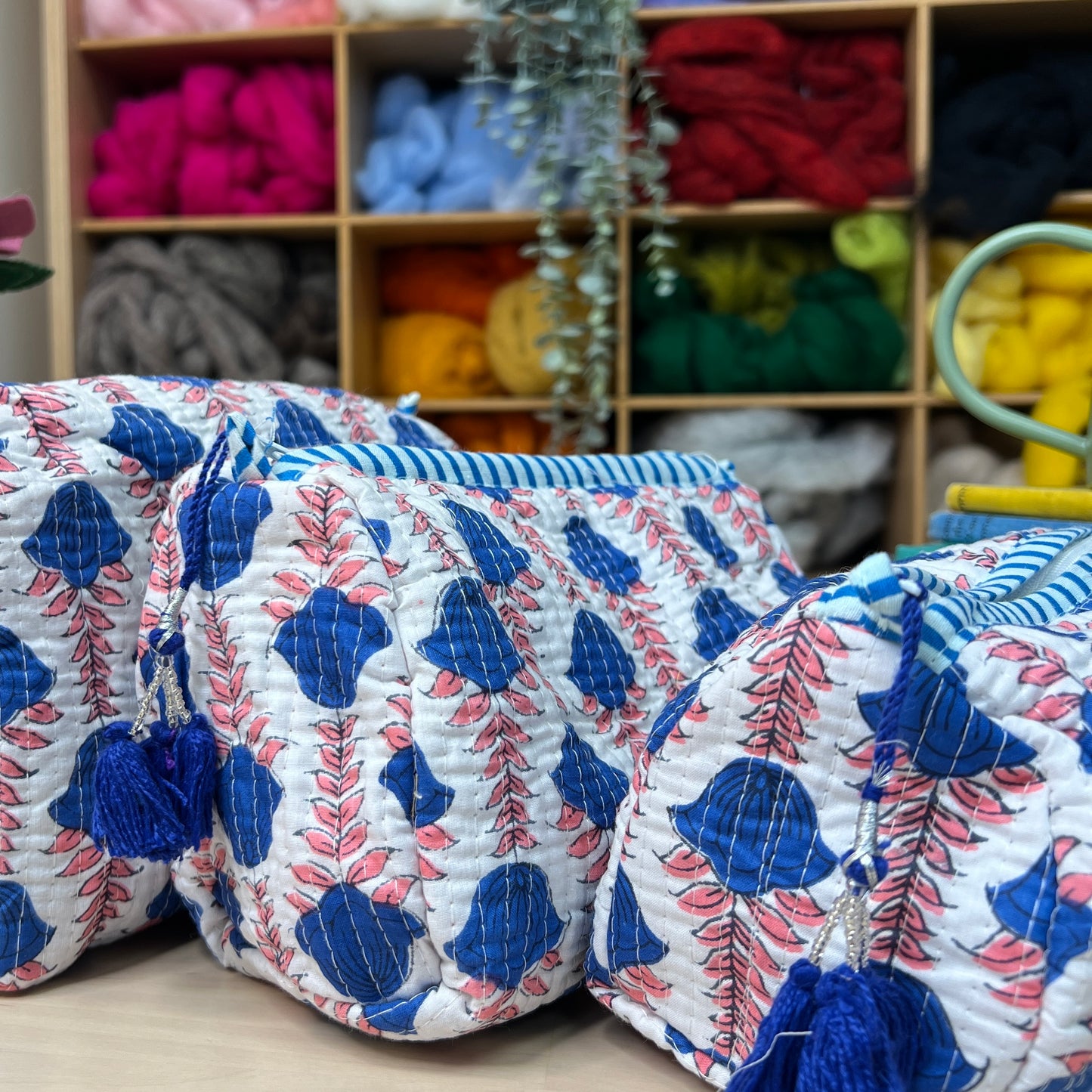 Large Quilted Zipped Bag (White with Pink & Blue Patterns)