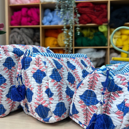 Large Quilted Zipped Bag (White with Pink & Blue Patterns)