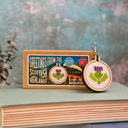 Greetings from The Scottish Highlands! (thistle) Mini Matchbox Cross Stitch Kit