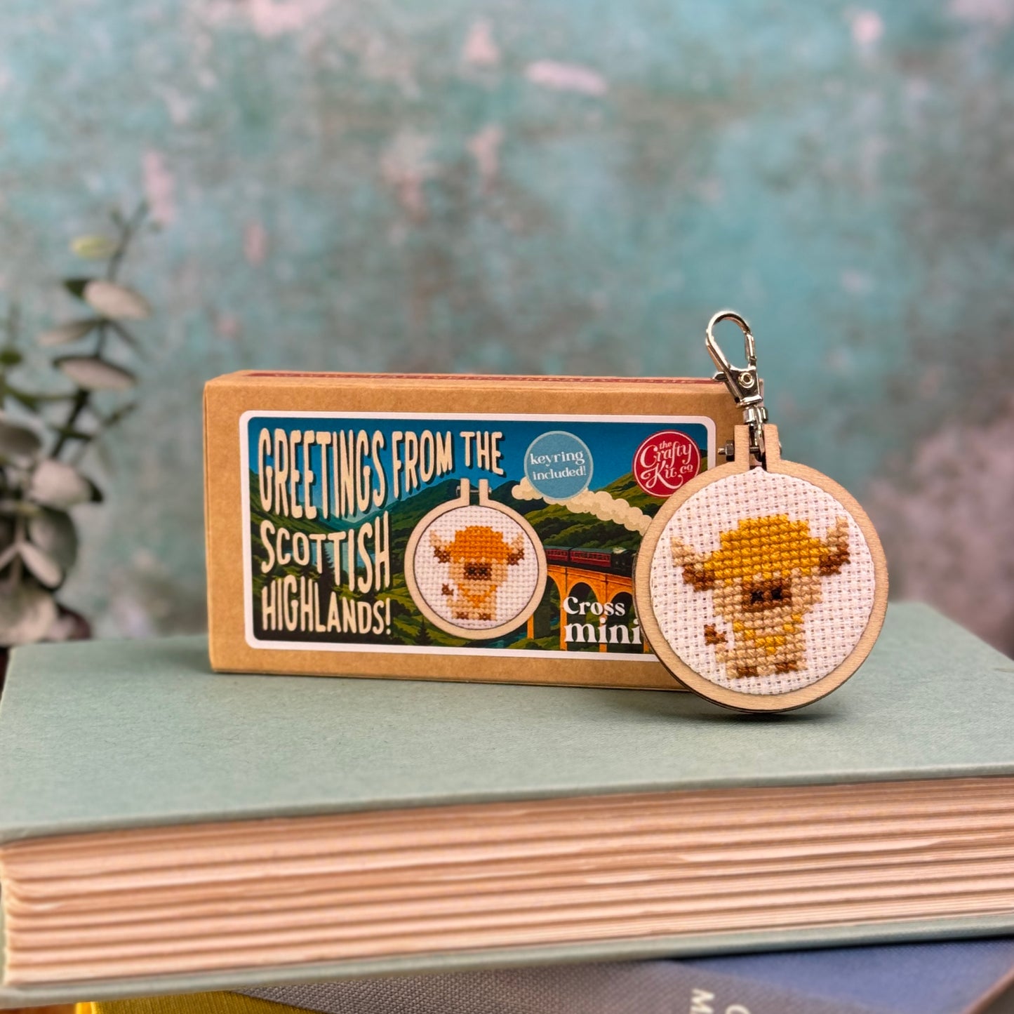 Greetings from The Scottish Highlands! (cow) Mini Matchbox Cross Stitch Kit